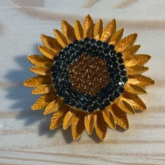 Sunflower Crystal Rhinestone Brooch Pin Gold-Tone Yellow & Black - Picture 1 of 3